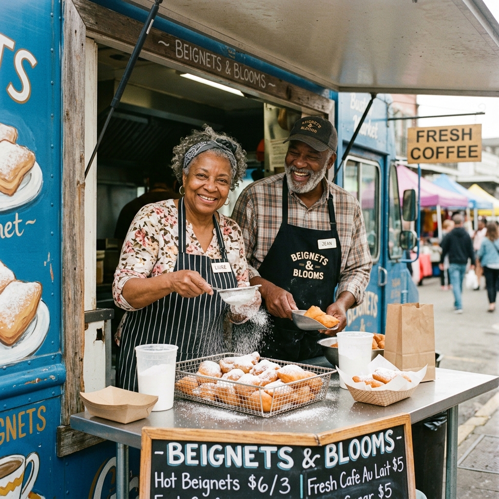 Beignet Today food truck owners preparing scratch-made dough and serving beignets